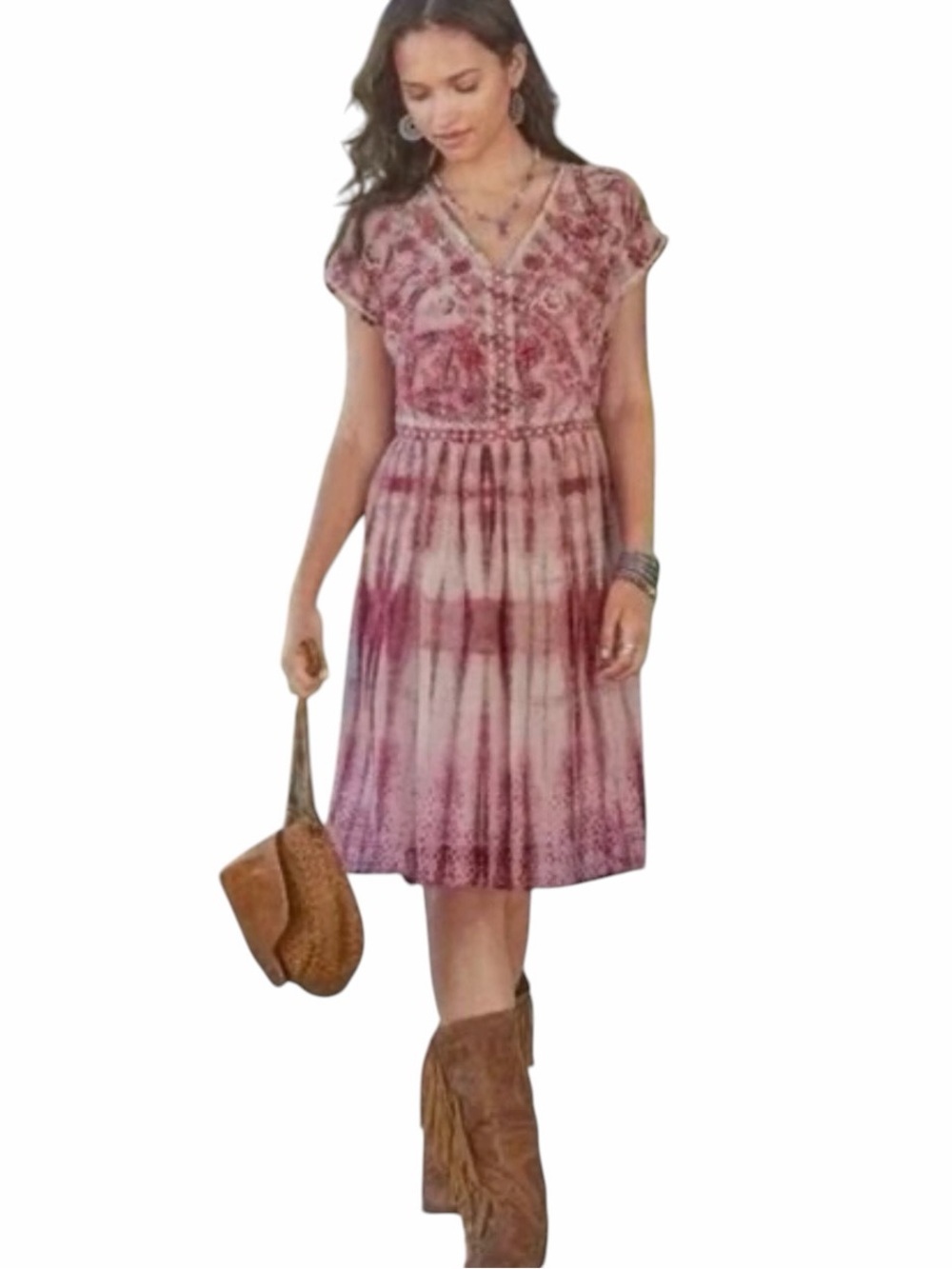 Sundance Short-Sleeve V-Neck Tie-Dye Midi Dress in Dusty Rose